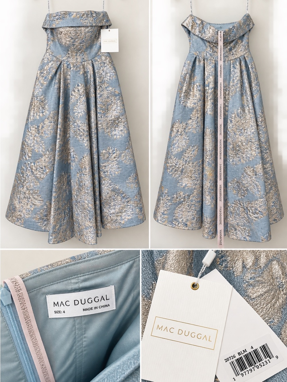 Mac Duggal Powder Blue and Gold Off-Shoulder Jacquard Full Skirt